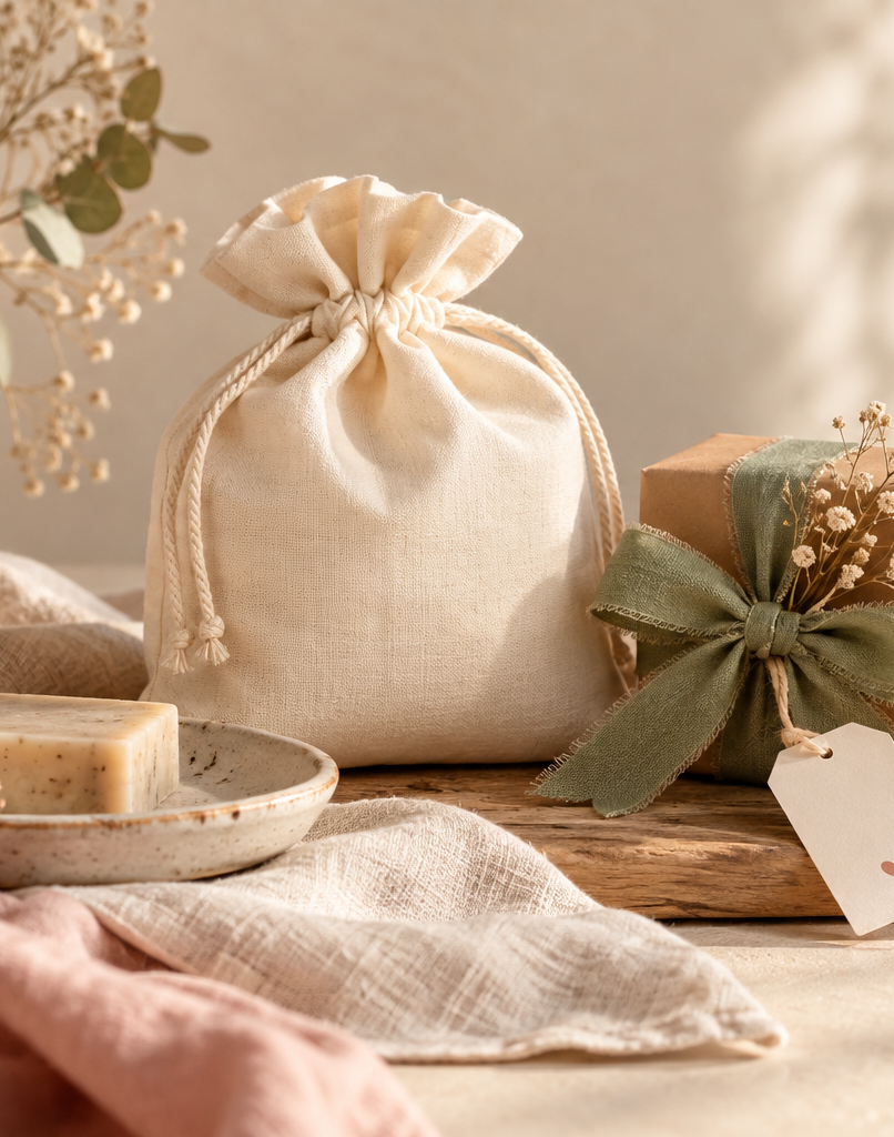 Geschenkideen mit Herz – KI-generiertes Symbolbild KI-generiertes Symbolbild: liebevoll arrangierte Geschenke mit Baumwollbeutel, Naturseife und Geschenkbox in Creme- und Salbeitönen.